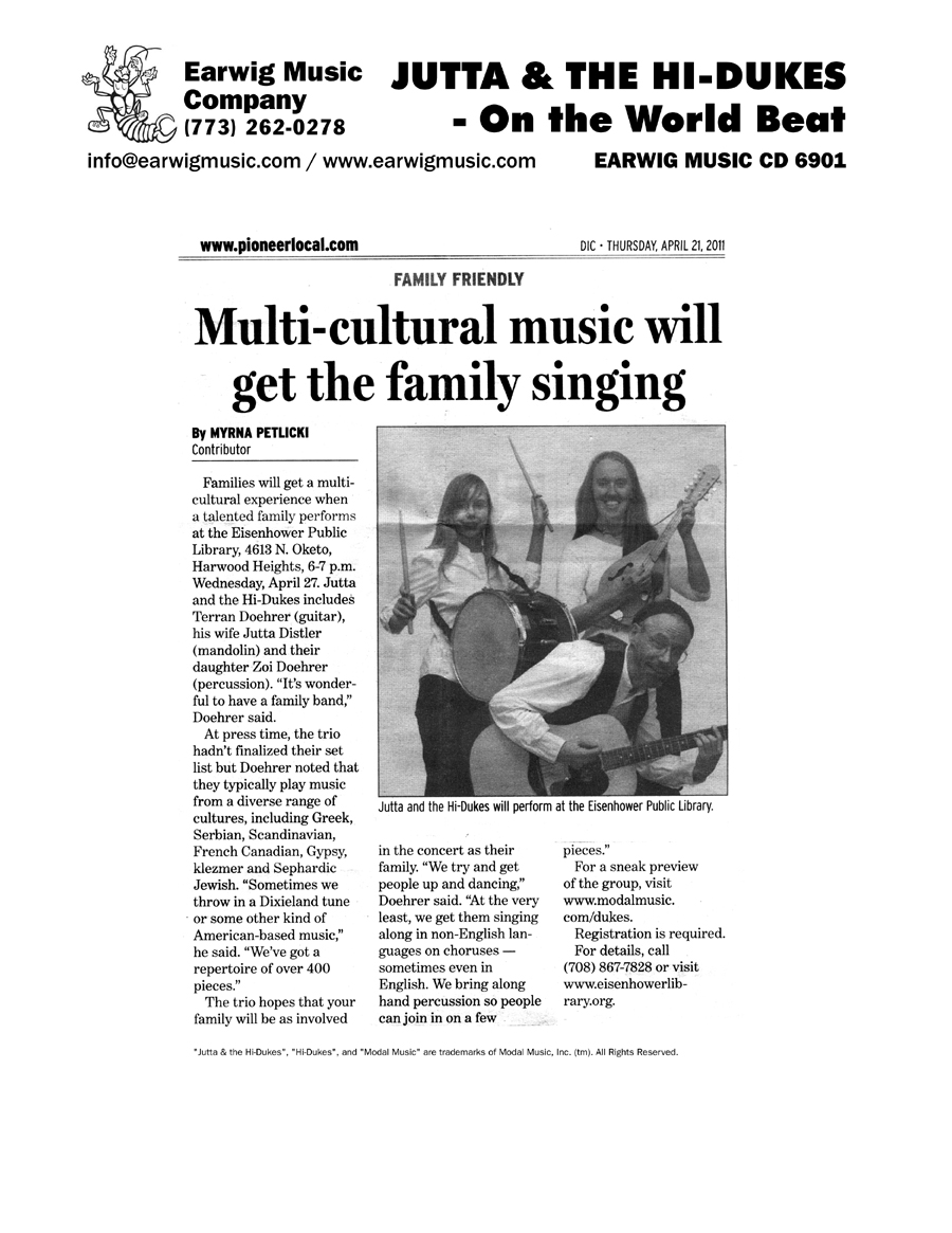 Image of the Illinois Pioneer Press Diversions Section April 21, 2011 newspaper clipping about Jutta & the Hi-Dukes (tm) Design &copy; 2011 Modal Music, Inc. (tm) All rights reserved.